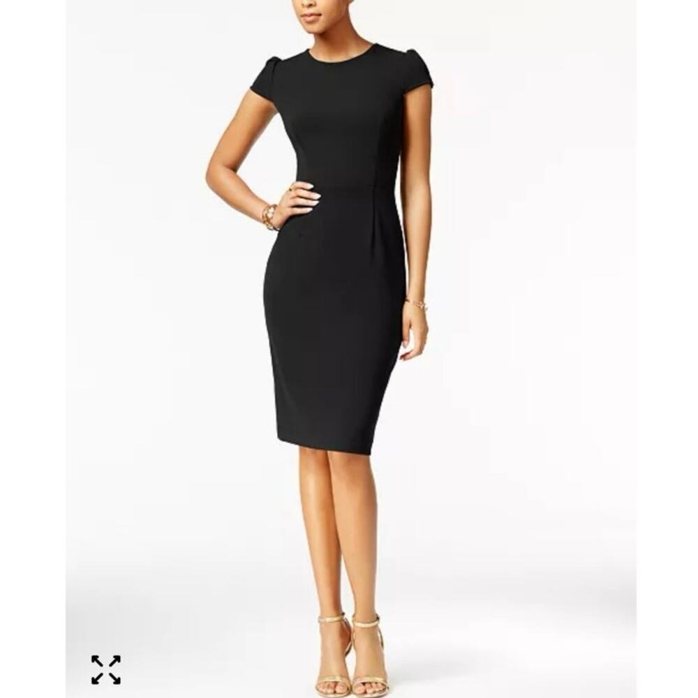 Betsy Johnson Puff Cap Sleeve Black Sheath Midi Dress Body Skimming Size 10